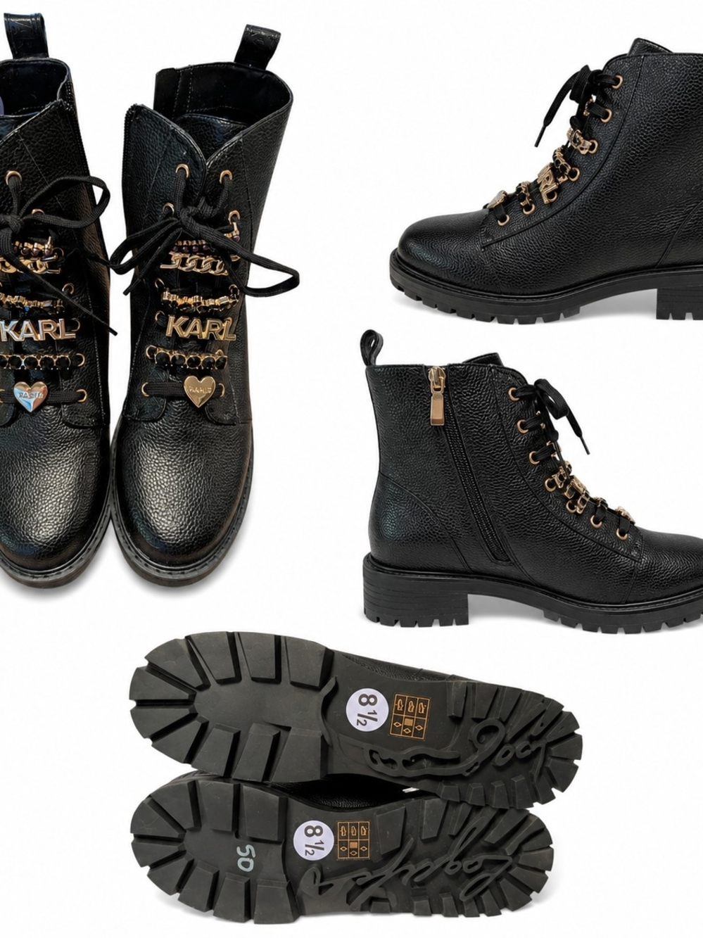 Karl Lagerfeld Black Leather Combat Boots with Gold Accents